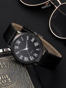 Simple Roman Numeral Dial Men's Casual Quartz Watch - Black - View 3