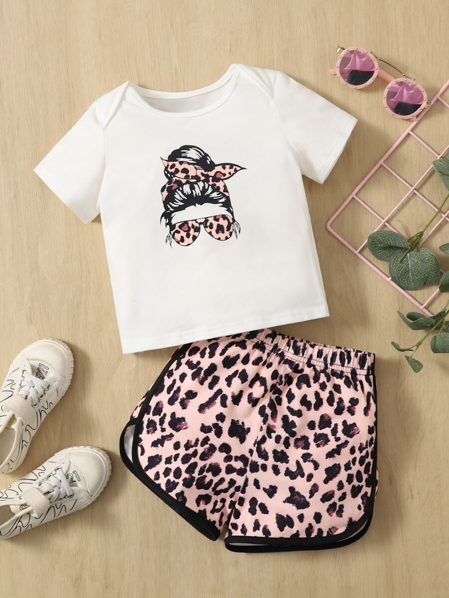 SHEIN Figura de bebé niña & Camiseta con estampado de leopardo & Pantalones cortos con forma de delfín - Multicolor - Ver 1