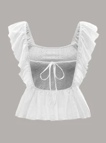 SHEIN WYWH Eyelet Embroidery Ruffle Trim Tie Backless Top - White - View 2