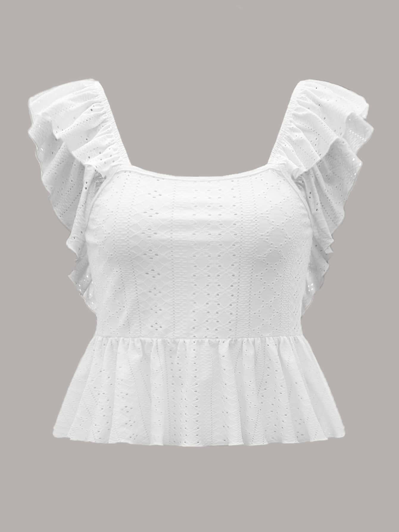SHEIN WYWH Eyelet Embroidery Ruffle Trim Tie Backless Top - White - View 1