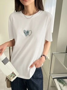 DAZY Heart Print Round Neck Tee - White - View 3