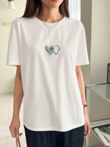 DAZY Heart Print Round Neck Tee - White - View 4