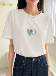 DAZY Heart Print Round Neck Tee - White - View 6