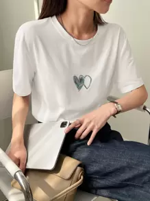 DAZY Heart Print Round Neck Tee - White - View 7