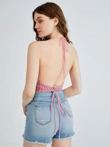 Cherry Embroidery Bandana Halter Knit Top - Pink - View 2