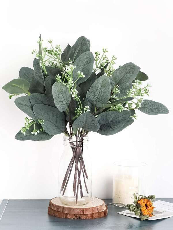 2 piezas/6 piezas/12 piezas Tallos de hojas de eucalipto artificiales con semillas blancas, cortas, de dólar plateado, hojas verdes falsas, tallos artificiales de flores, plantas para arreglos florales, ramos de boda, decoración, decoración otoñal, escritorio, decoración de jardín, decoración de habitación, San Valentín, regalo