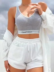 瑜伽字母膠帶對比邊緣肋編無鋼圈運動內衣和短褲內衣套裝 - 淺灰色 - 查看 5