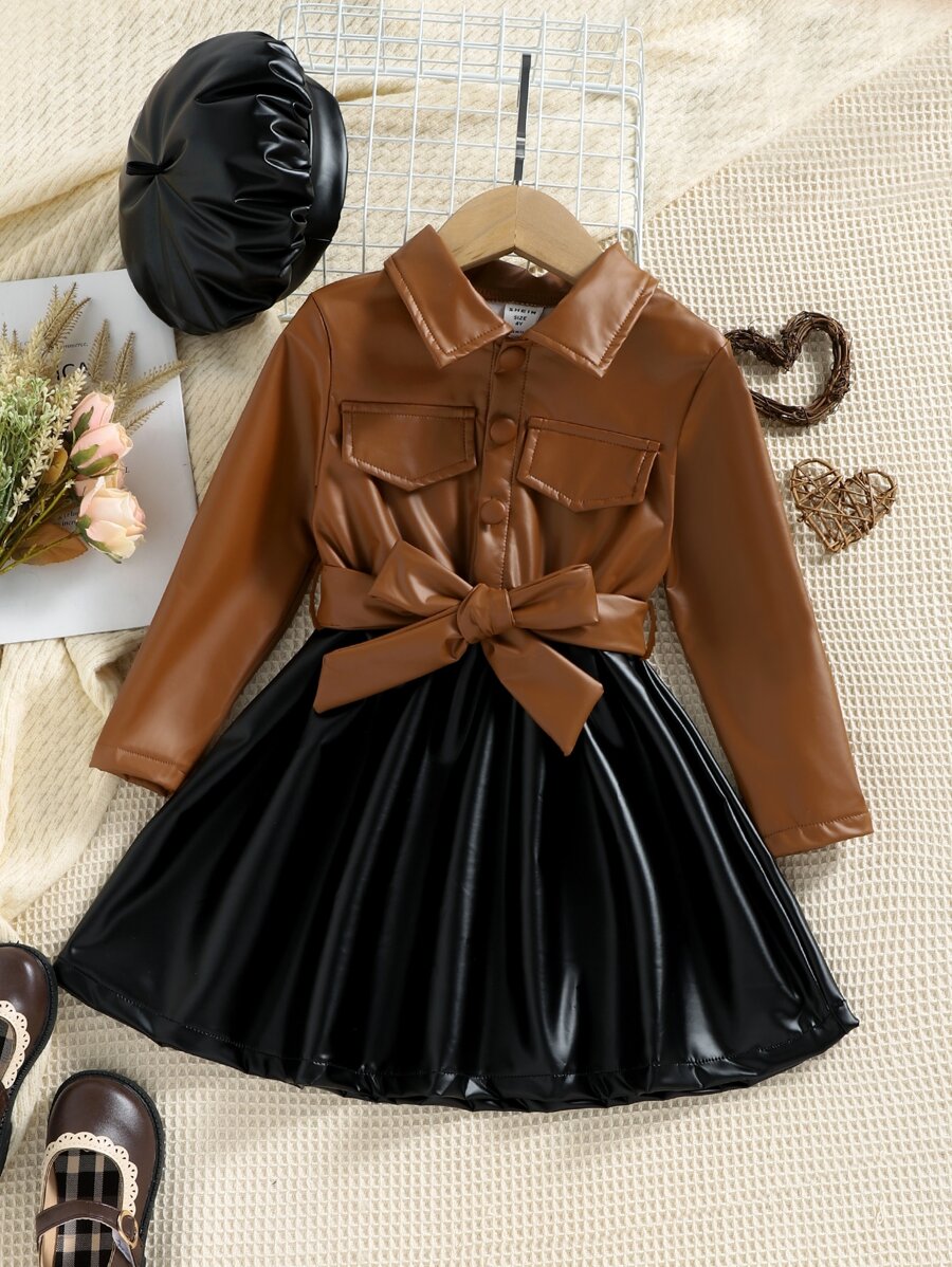 小女童雙色腰帶PU皮革襯衫洋裝