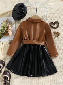 小女童雙色腰帶PU皮革襯衫洋裝