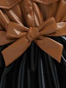 小女童雙色腰帶PU皮革襯衫洋裝