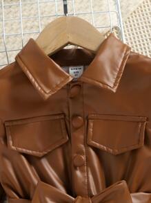 小女童雙色腰帶PU皮革襯衫洋裝