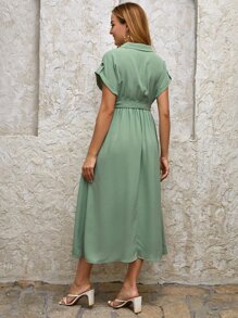 SHEIN Maternity Lapel Neck Button Front Belted Dress - Mint Green - View 2