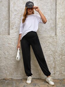 SHEIN Maternity Solid Seam Joggers - Black - View 4