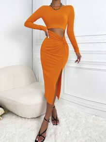 SHEIN SXY Cut Out Twist Front Slit Thigh Bodycon Dress - Mustard Yellow - View 6