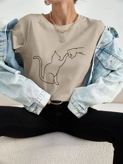 SHEIN Unity Cat And Figure Grafisk T-shirt Grafisk T-shirt Dam Toppar