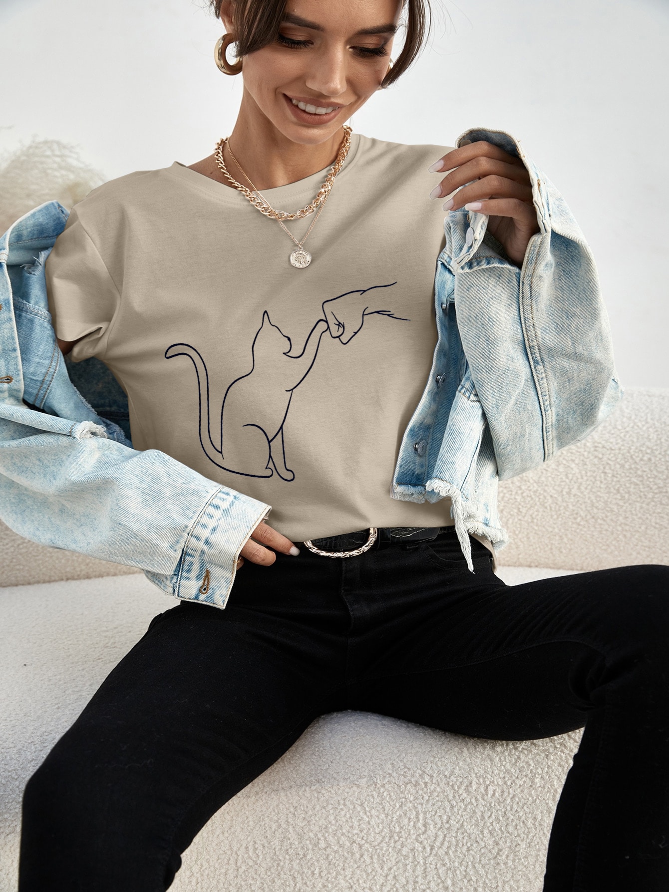 SHEIN EZwear Cat And Figure Graphic Tee SHEIN UK