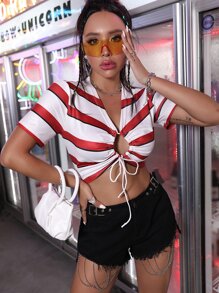 條紋圖案前抽繩短款T恤 - 彩色 - 查看 1