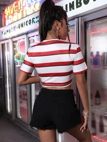 條紋圖案前抽繩短款T恤 - 彩色 - 查看 2