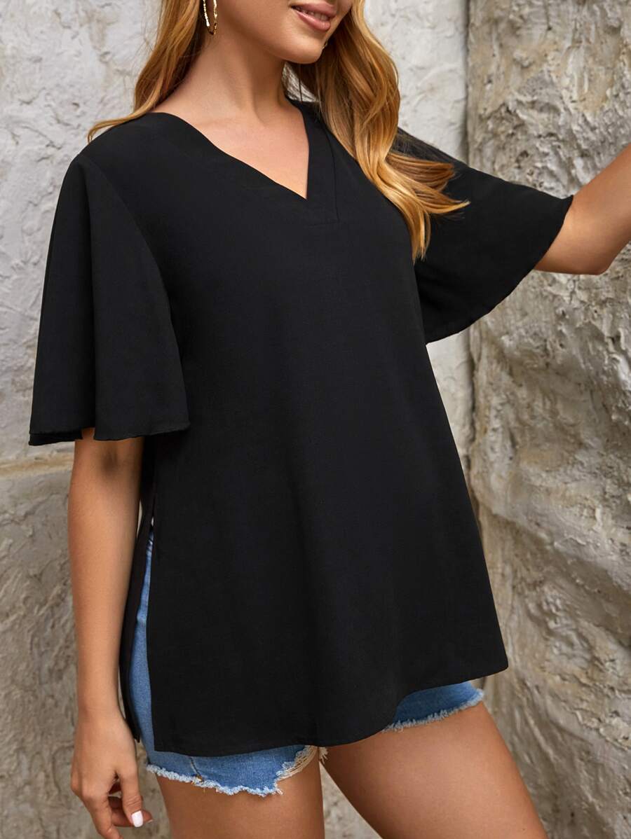 SHEIN Áo sơ mi Bà bầu Chia màu trơn Giải trí - màu đen - Xem 1