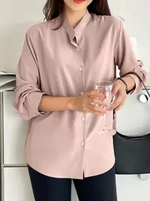 DAZY 纯色纽扣前开襟衬衫，秋季女装长袖上衣 - 藕粉色 - 查看 2