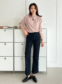 DAZY 纯色纽扣前开襟衬衫，秋季女装长袖上衣 - 藕粉色 - 查看 4