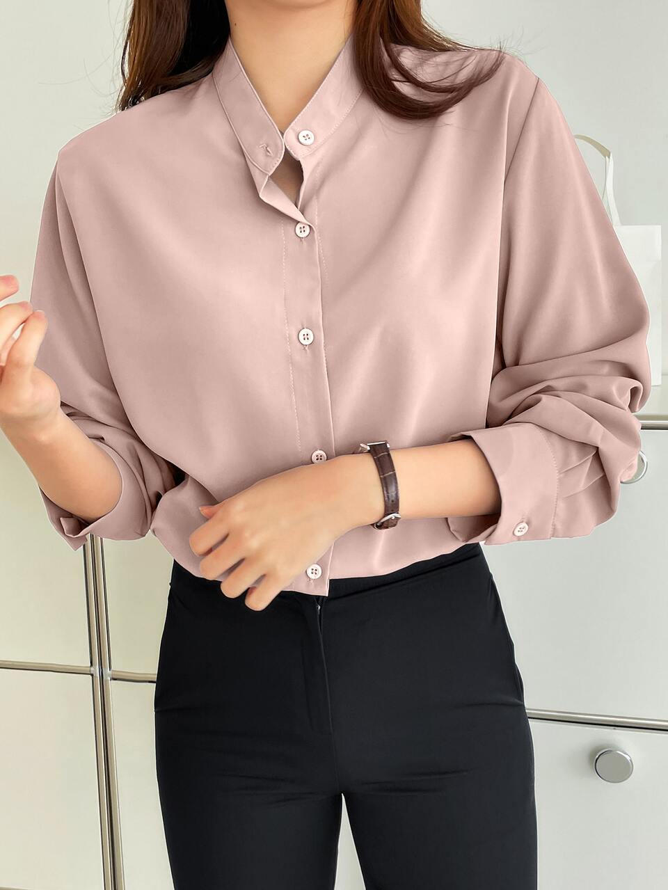 Solid Button Front Blouse,Fall Women Clothes Long Sleeve Top