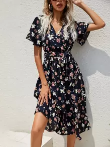 SHEIN Clasi Flutter Sleeve Belted Dress Maxi Women Outfit