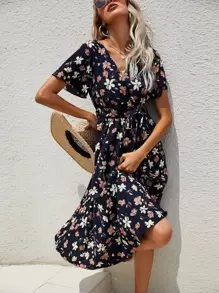 SHEIN Clasi Flutter Sleeve Belted Dress Maxi Women Outfit