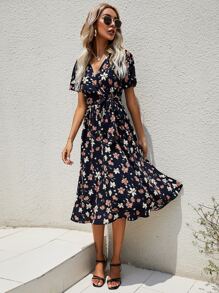 SHEIN Clasi Flutter Sleeve Belted Dress Maxi Women Outfit