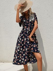 SHEIN Clasi Flutter Sleeve Belted Dress Maxi Women Outfit