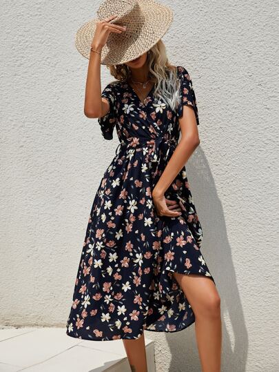 SHEIN Clasi Abito lungo da donna con maniche a volant e cintura