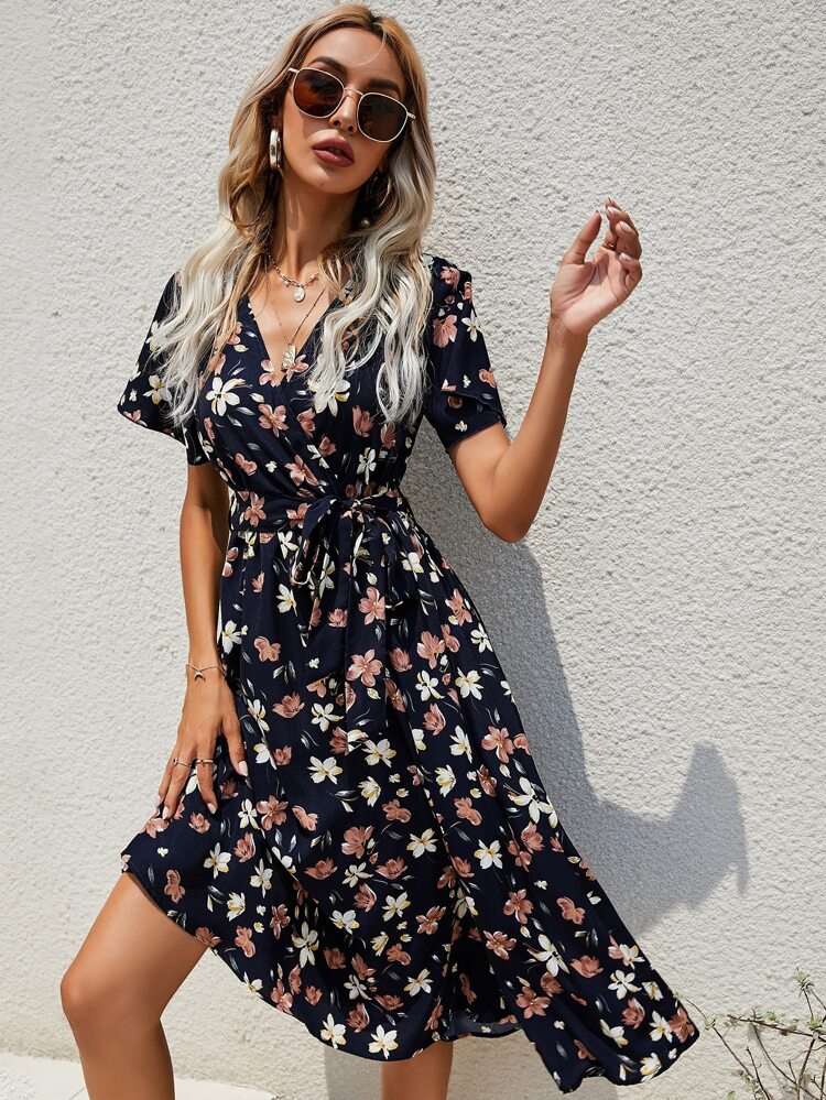 Flutter Sleeve Belted Dress Maxi Women Outfit