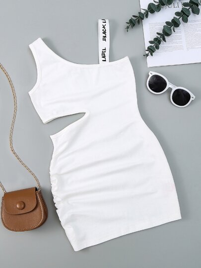 Toddler Girls Letter Tape Strap Asymmetrical Neck Cut Out Ruched Dress
