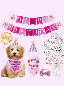 Set de accesorios para fiesta de cumpleaños de mascotas de 31 piezas, incluye pancarta de cumpleaños, globo, sombrero para mascotas y bandana, pajarita - Rosa - Ver 1