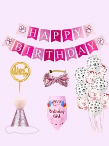 Set de accesorios para fiesta de cumpleaños de mascotas de 31 piezas, incluye pancarta de cumpleaños, globo, sombrero para mascotas y bandana, pajarita - Rosa - Ver 2