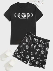 Men Moon & Letter Graphic PJ Set - Black - View 1