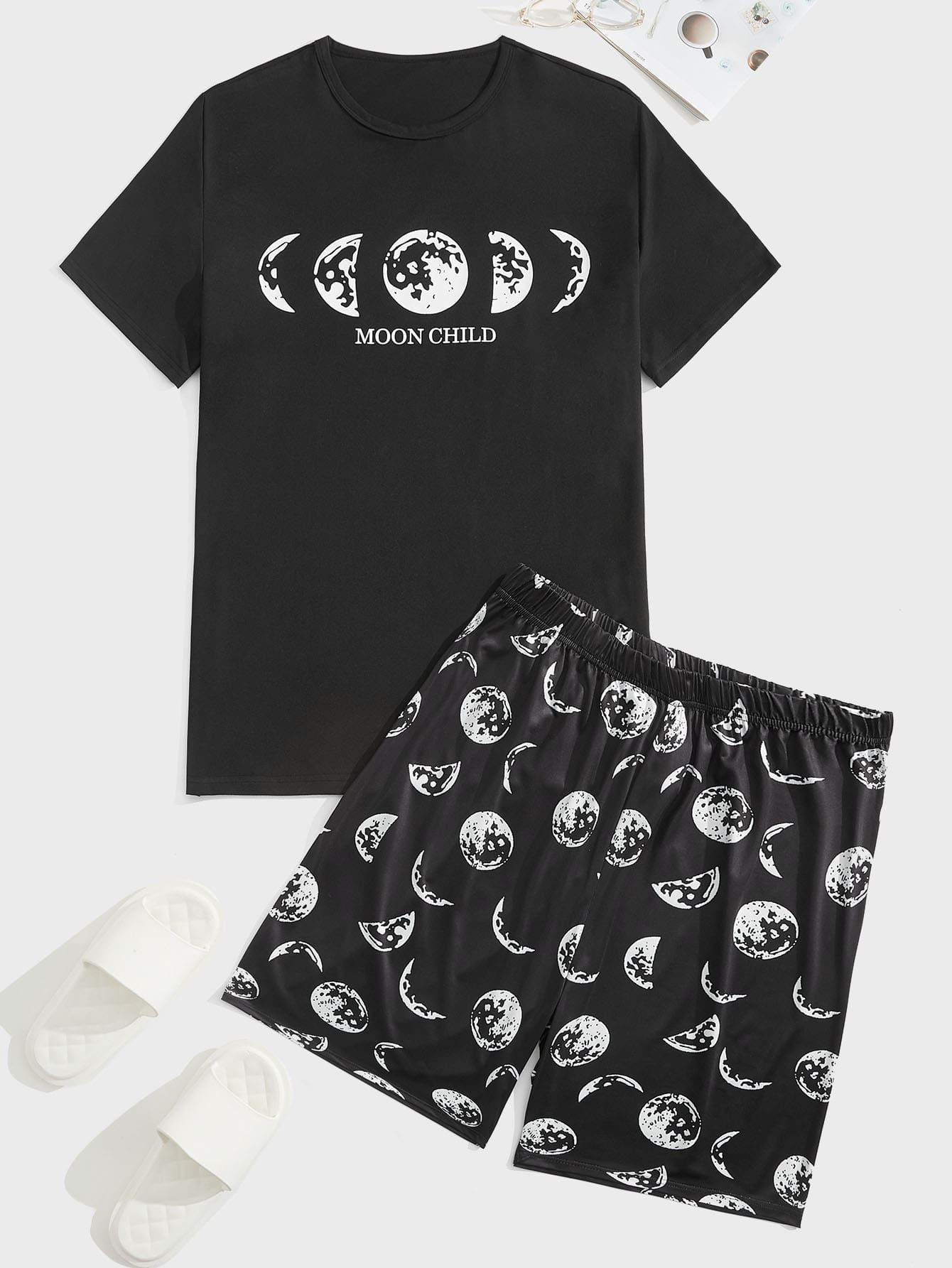 Men Moon & Letter Graphic PJ Set - Black - View 1