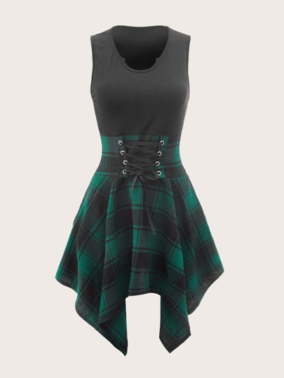 Contrast Plaid Lace Up Asymmetric Hem Dress