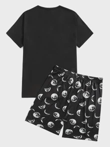 Men Moon & Letter Graphic PJ Set - Black - View 2