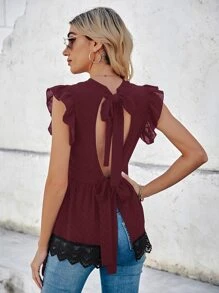 SHEIN LUNE Contrast Guipure Lace Tie Back Blouse - Maroon - View 1