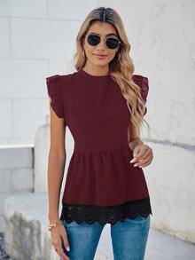 SHEIN LUNE Contrast Guipure Lace Tie Back Blouse - Maroon - View 3