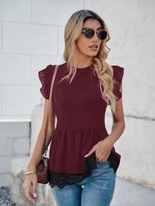 SHEIN LUNE Contrast Guipure Lace Tie Back Blouse - Maroon - View 4