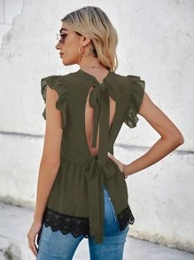 SHEIN LUNE 拼接水溶蕾絲後綁帶襯衫 - 軍綠色 - 查看 1