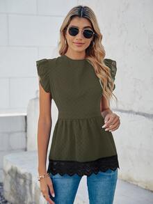 SHEIN LUNE 拼接水溶蕾絲後綁帶襯衫 - 軍綠色 - 查看 4