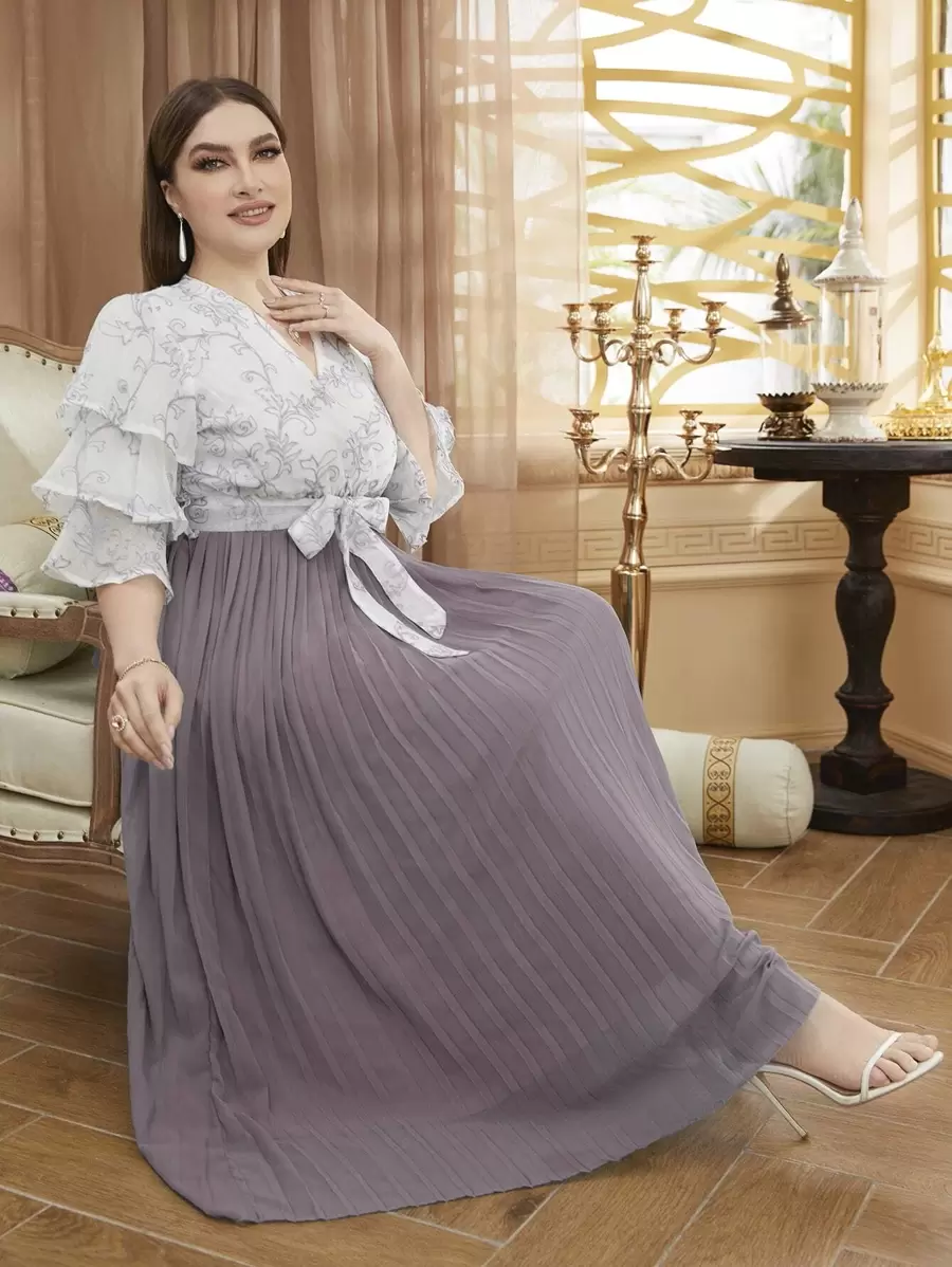 Modelyn Plus Size Embroidered Floral Pleated Dress - Multicolor - View 1