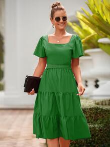 Chiquease 方領蝴蝶袖凸花蕾絲細節荷葉邊連衣裙 - 綠色 - 查看 4