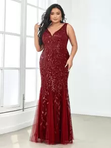 EVERPRETTY Plus Sequin Plants Detail Mesh Prom Dress - Burgundy - View 1