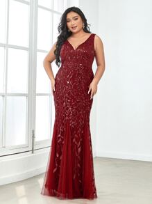 EVERPRETTY Plus Sequin Plants Detail Mesh Prom Dress - Burgundy - View 4