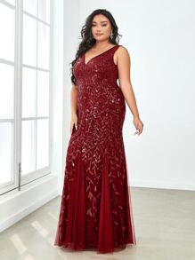 EVERPRETTY Plus Sequin Plants Detail Mesh Prom Dress - Burgundy - View 5