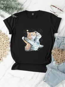 SHEIN LUNE Plus Cat & Galaxy Print Tee - Black - View 1